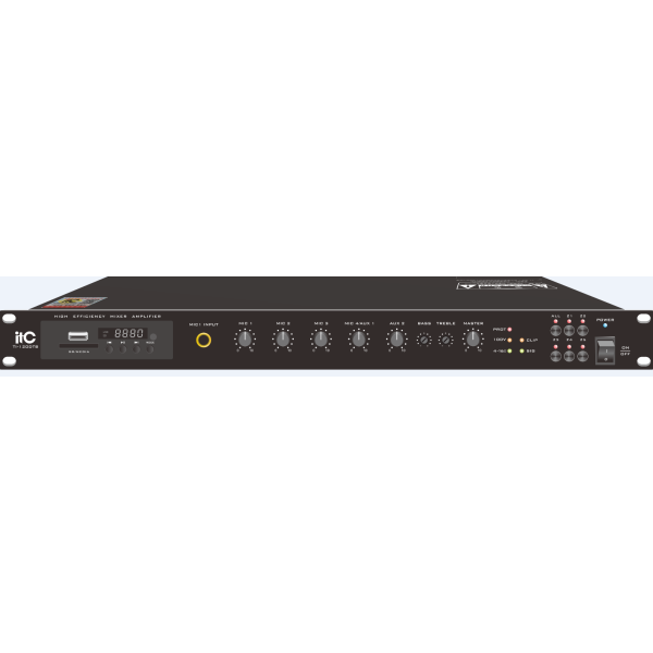 Мікшируючий підсилювач 120W, 5 зон з MP3/USB/SD/FM/BT,100V/70V/4ohms, 3 MIC, 2 AUX TI-120DTB Мікшируючий підсилювач 120W, 5 зон з MP3/USB/SD/FM/BT,100V/70V/4ohms, 3 MIC, 2 AUX TI-120DTB